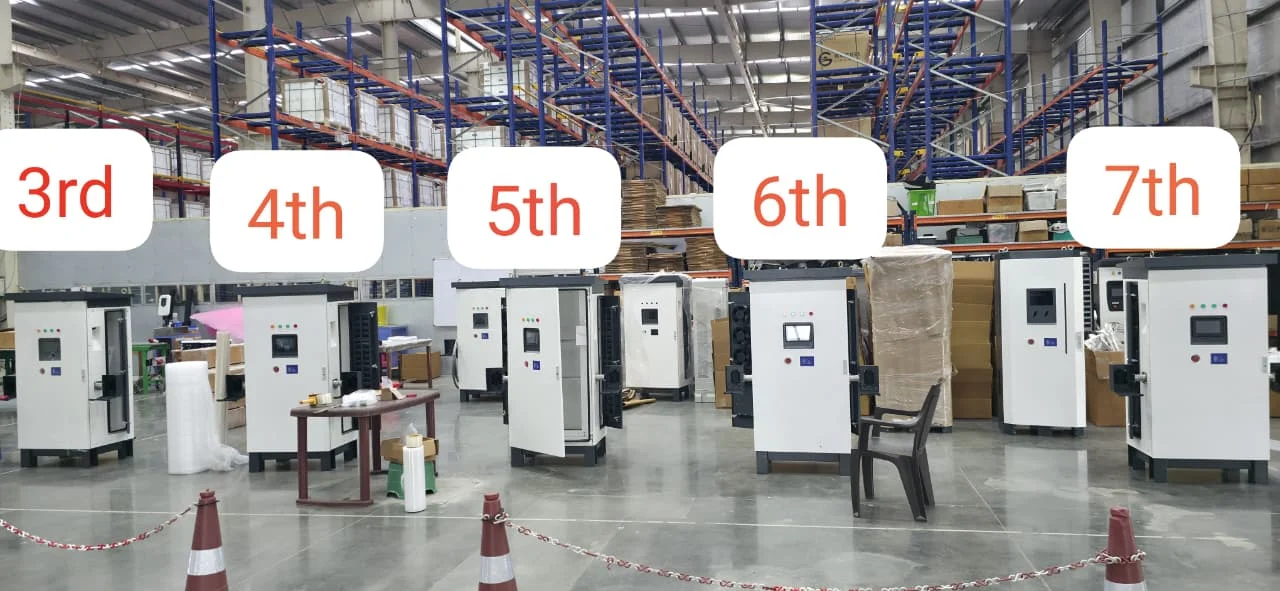 Several similar charging cabinets photographed in an indoor manufacturing or assembly setting. Original image annotations are preserved.